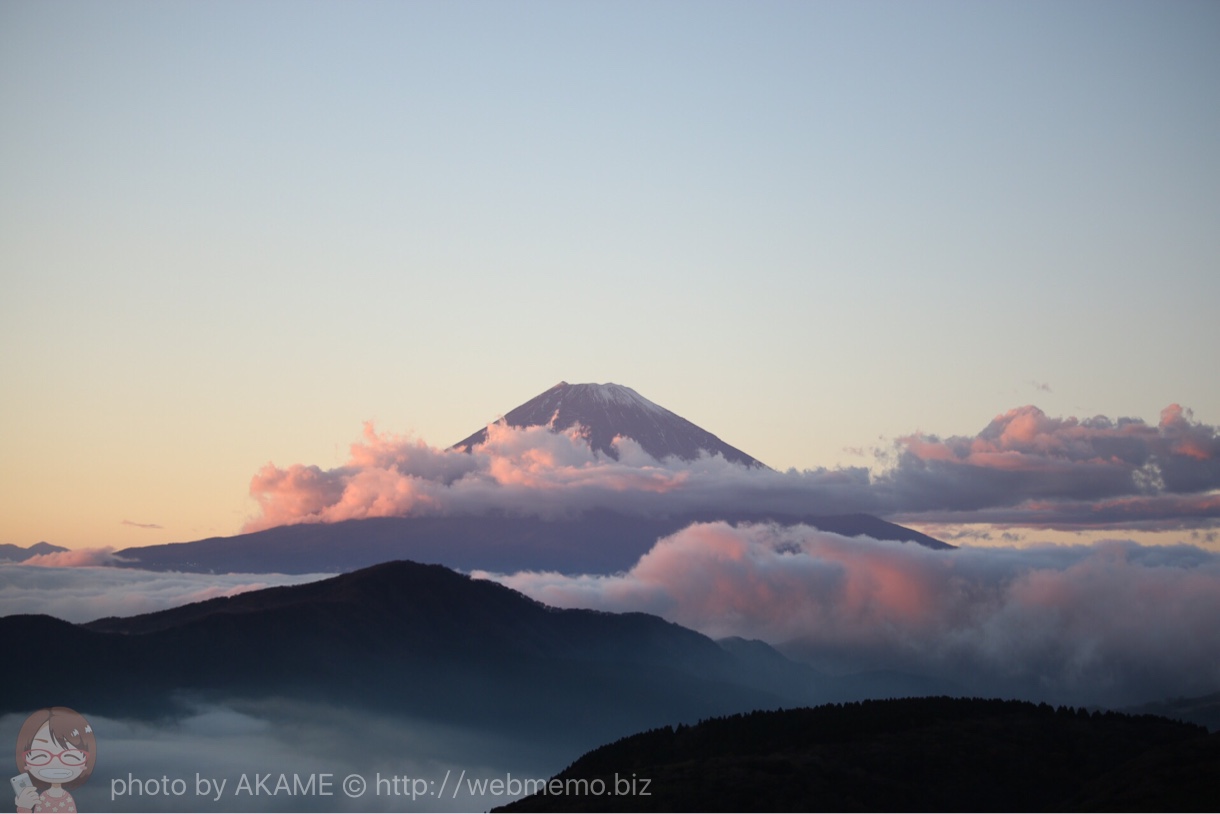夕日に照らされる富士山